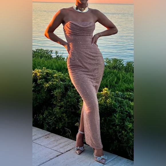 PALERMO 
Embellished Bandeau Cowl Neck Maxi Dress in Beige - Picture 4 of 10